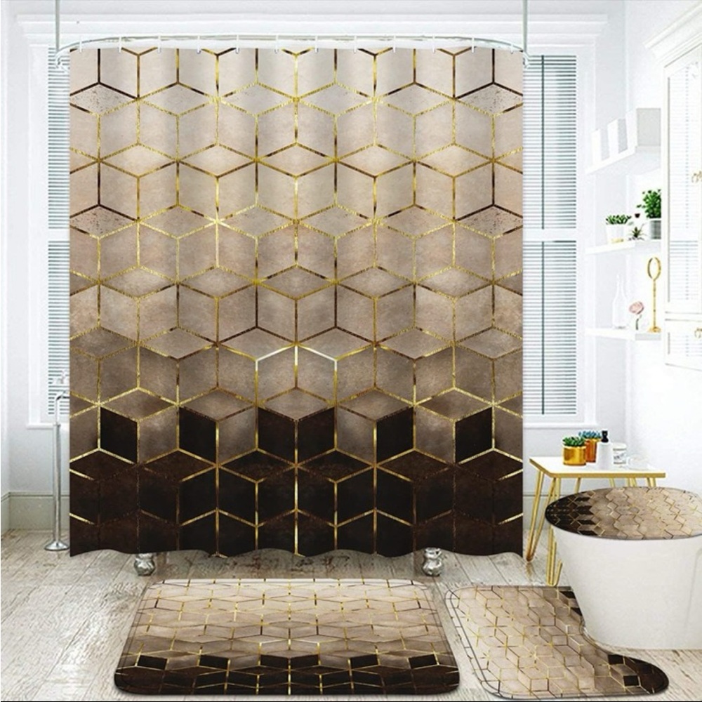 New!! Elegant Gold and Brown Geometric Bathroom Set